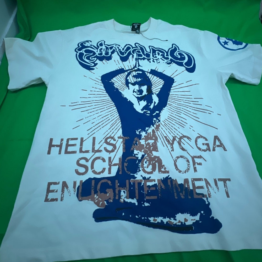 Hellstar Studios Yoga Short Sleeve Tee Shirt Cream/Blue (Size S)